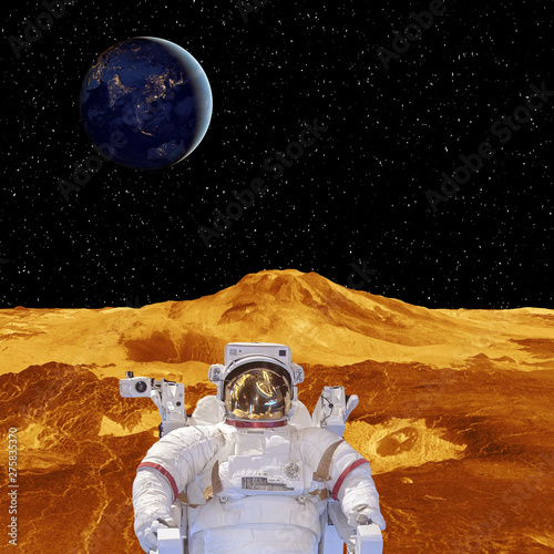 Alien planet landscape. Astronaut. Stars. The elements of this image furnished by NASA. photo