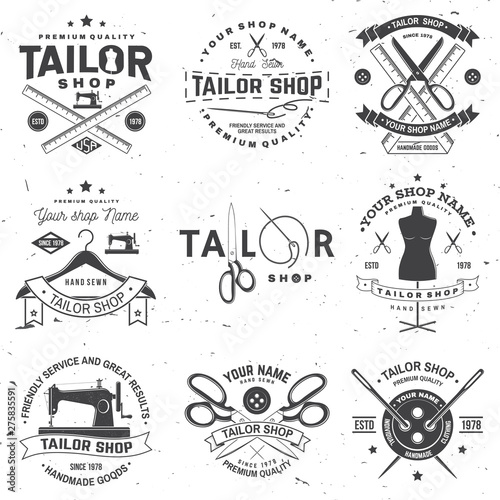 Tailor shop badge. Vector. Concept for shirt, print, stamp label or tee. Vintage typography design with sewing needle and scissors silhouette. Retro design for sewing shop business