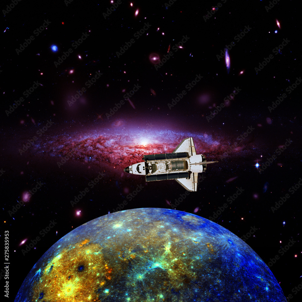Shuttle flies above the Mercury planet. The elements of this image furnished by NASA.