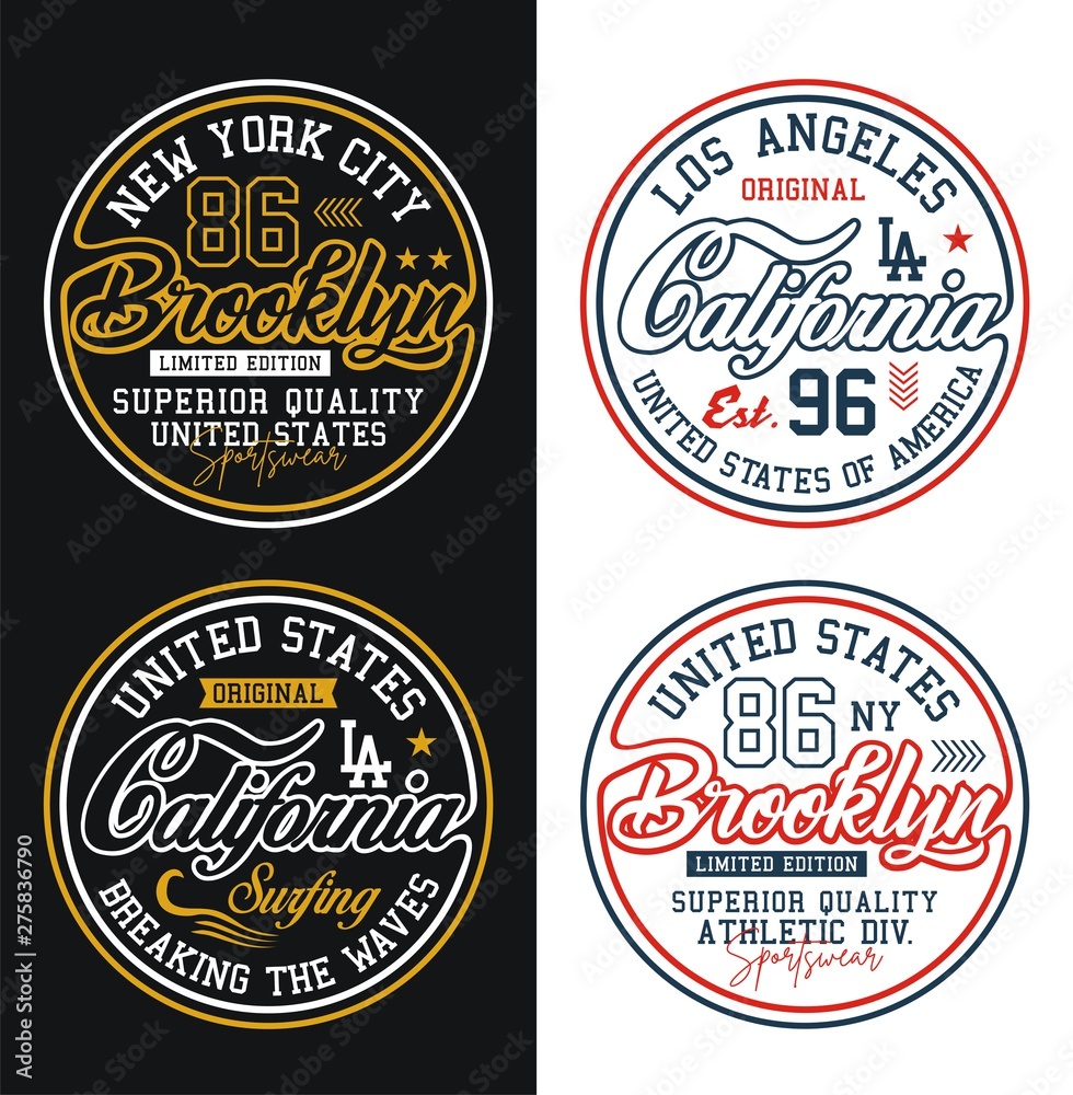 Set typography California Brooklyn for t-shirt printing design and various uses, vector image.