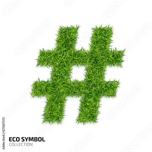 Hashtag icon from green grass. Eco icon isolated on white background. Symbol with the green lawn texture. Ecology symbol collection. Vector illustration