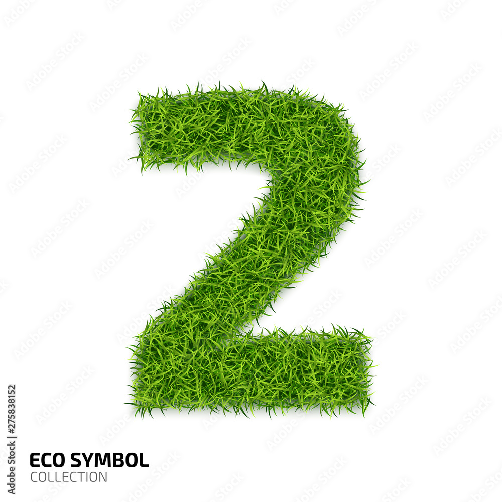 Grass number Two isolated on white background. Symbol 2 with the green lawn texture. Eco symbol collection. Vector illustration