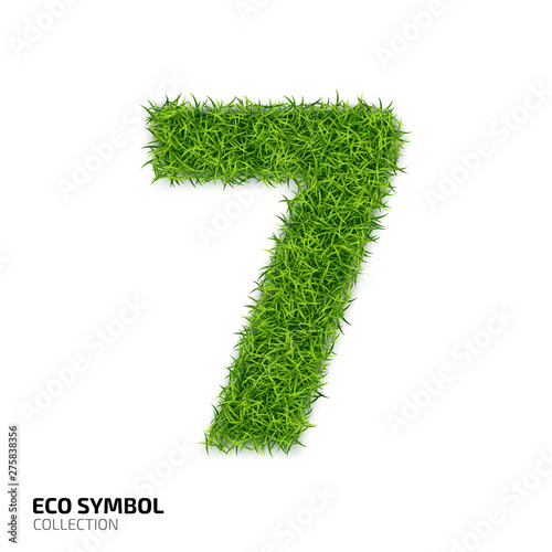 Grass number Seven isolated on white background. Symbol 7 with the green lawn texture. Eco symbol collection. Vector illustration