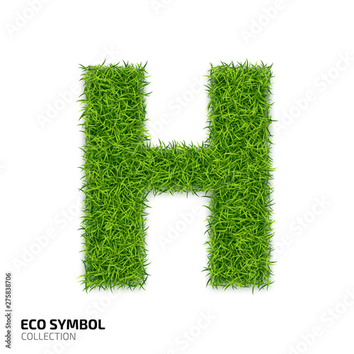 Letter of grass alphabet. Grass letter H isolated on white background. Symbol with the green lawn texture. Eco symbol collection. Vector illustration