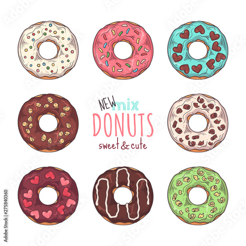 Big vector set of glazed donuts decorated with toppings, chocolate, nuts.
