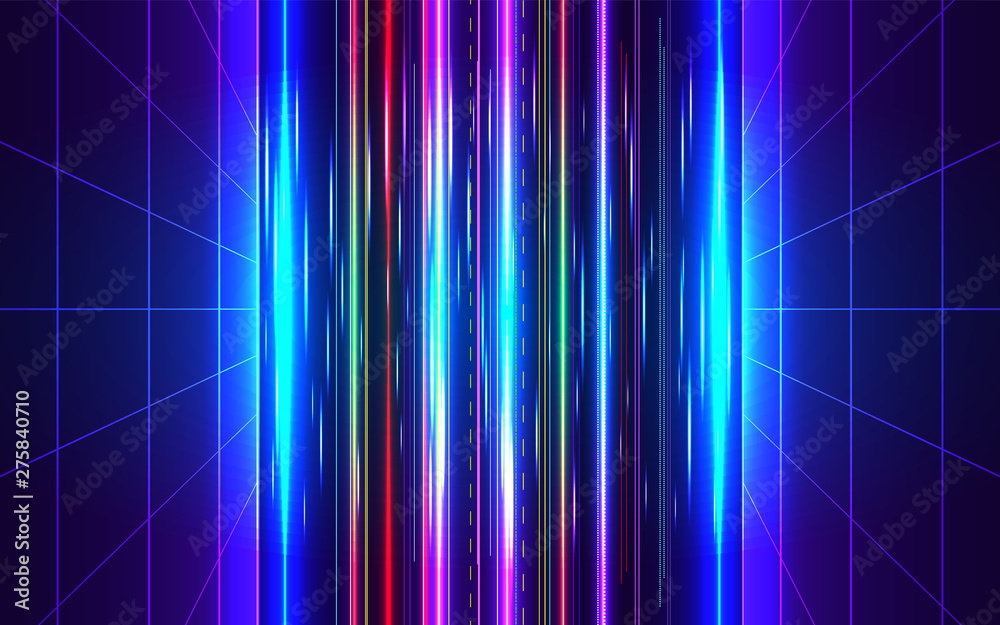80s futuristic style abstract backgound. Sci-Fi Neon perspective grid with motion blur effect. Retro disco party background design. Game level concept. Vector illustration