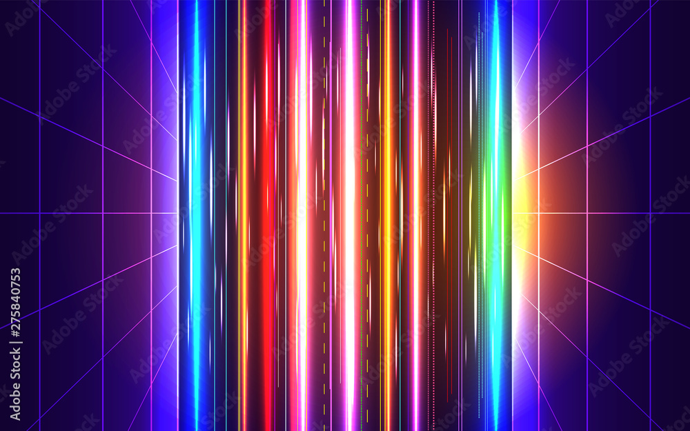 80s futuristic style abstract backgound. Sci-Fi Neon perspective grid with motion blur effect. Retro disco party background design. Game level concept. Vector illustration