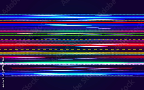 Abstract neon lines background with motion blur effects. Abstract Digital signal design. Blurred colorful neon lights and stripes moving fast. Futuristic energy technology concept. Vector illustration