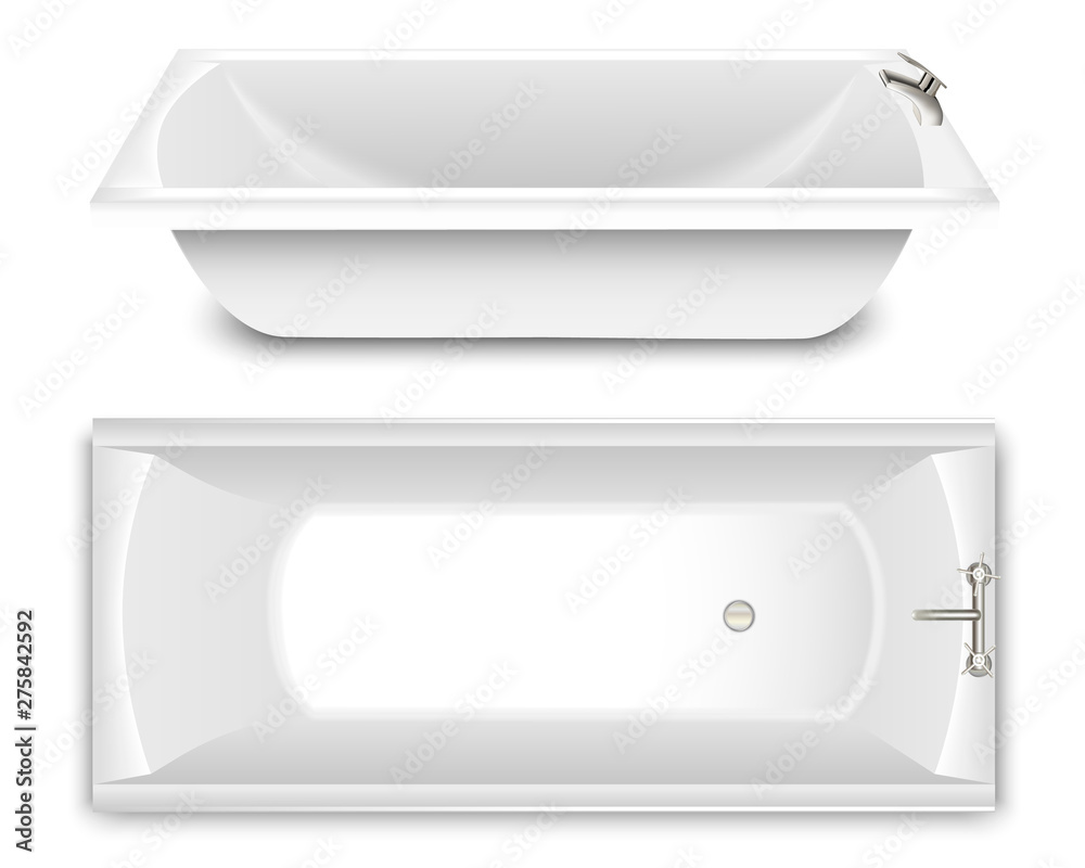 Side Taps Vector A set of rectangular athtub. Top and side view. Mixers of water taps ...