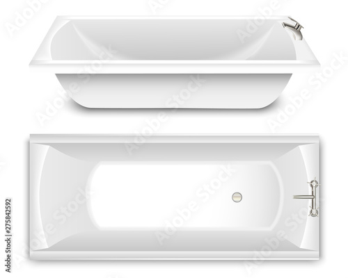 A set of rectangular athtub. Top and side view. Mixers of water taps. Realistic style Isolated on white background. Vector illustration.