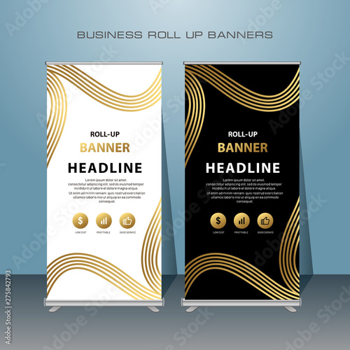 Gold Roll up banner design template, vertical gold banner, abstract banner background, pull up design, modern x-banner, rectangle size