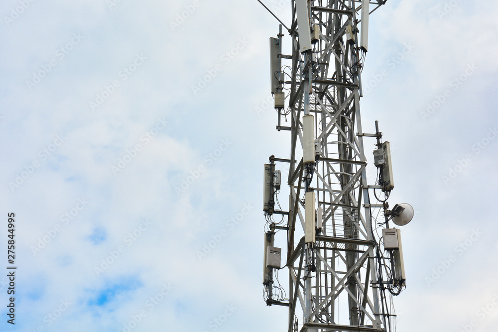 Cellular tower with antennas for connecting people by means of telephony and internet. Telecommunication equipment on tower.Close-up.