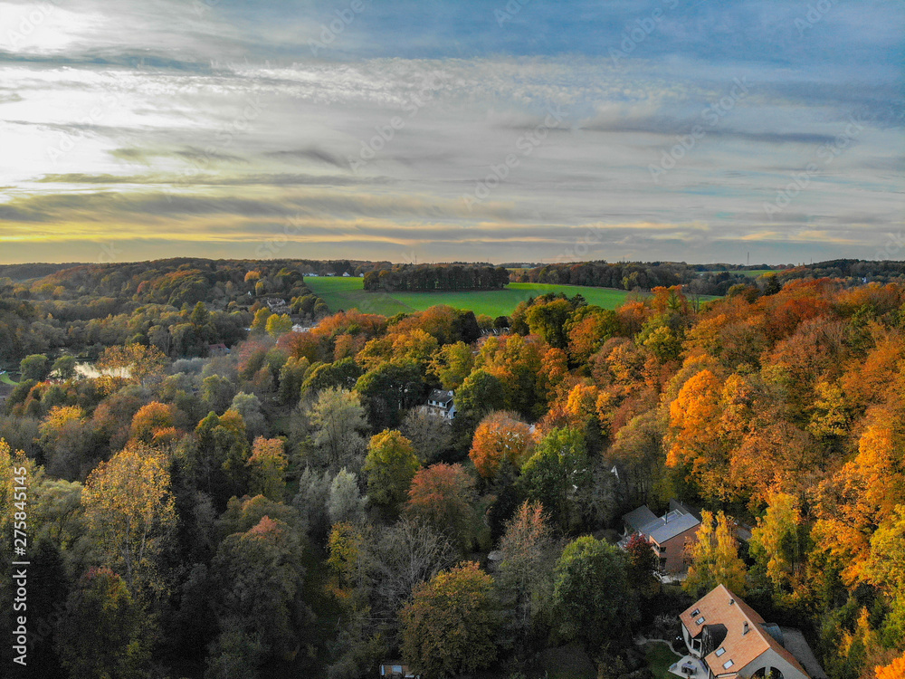 Aerial view of country side area in Walloon, Belgium, Luxury villas & farm surrounded by forest and farmland during  beautiful sunset color.