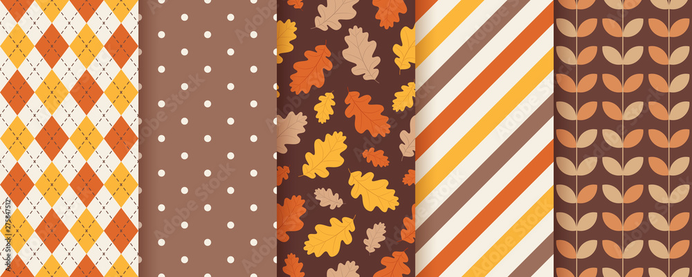Autumn pattern. Vector. Seamless background with fall oak leaves. Set seasonal geometric textures. Colorful cartoon illustration in flat design. Abstract wallpaper.