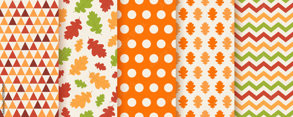 Autumn pattern. Vector. Seamless background with fall oak leaves, polka dot, zig zag and triangle. Set seasonal geometric textures. Colorful cartoon illustration. Flat design. Abstract wallpaper print