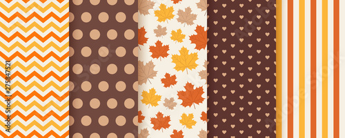 Autumn pattern. Vector. Seamless texture with fall maple leaves. Set seasonal geometric backgrounds. Colorful cartoon illustration in flat design. Abstract wallpaper.