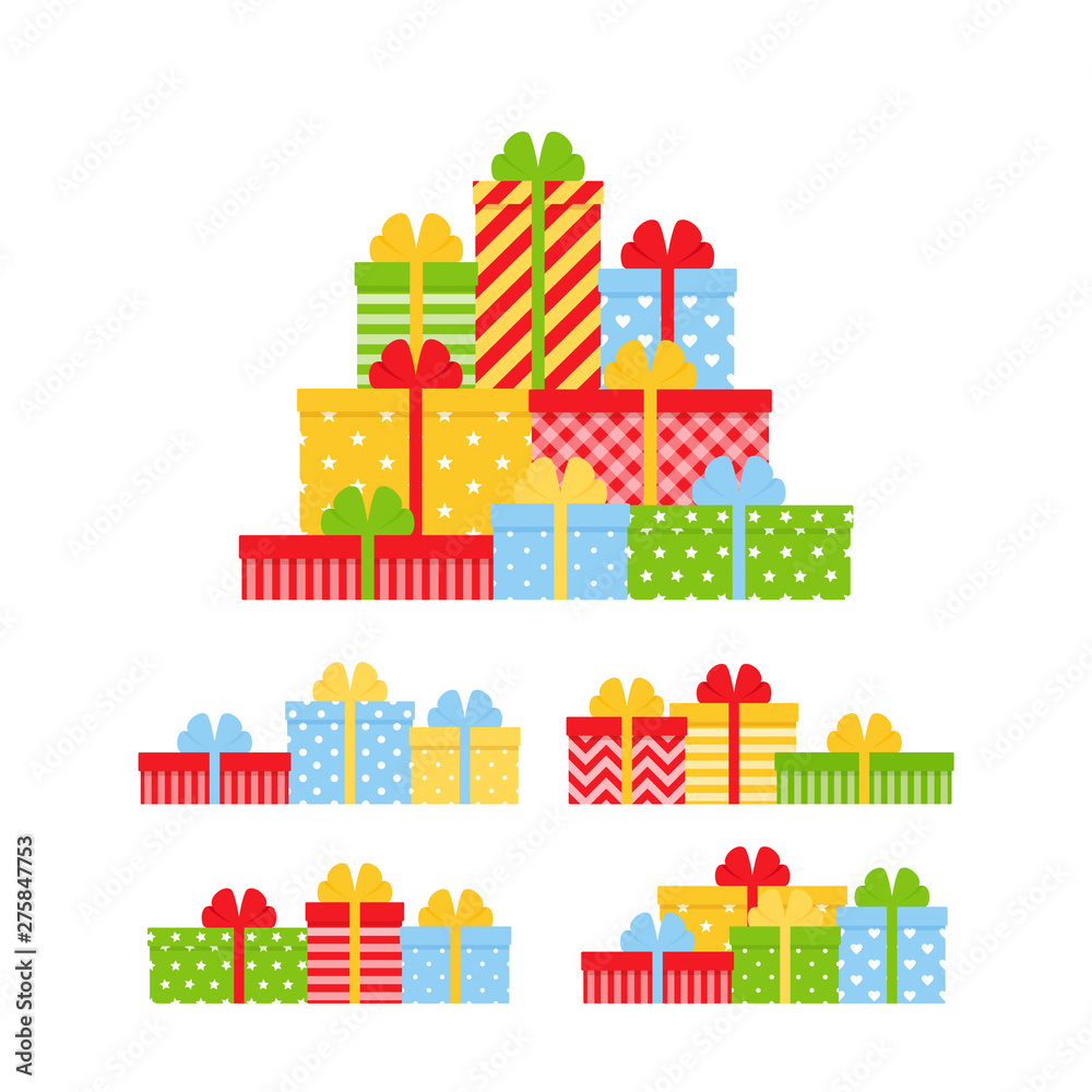 Pile gift boxes. Christmas, birthday icon. Vector. Wrapped presents with bows and ribbons. Holiday symbols isolated on white background in flat design. Cartoon illustration. Colorful set.
