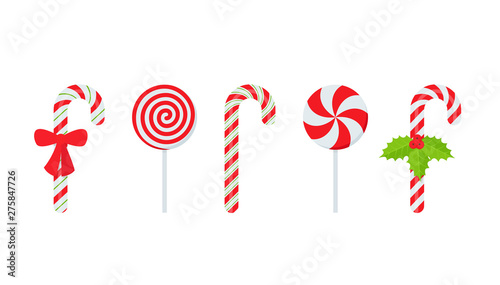Candy cane. Vector. Christmas stick and round swirl candies icon. Peppermint lollipop symbol isolated on white background in flat design. Cartoon illustration. Striped traditional noel desserts.