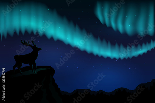 Landscapes northern lights in the starry sky and with silhouette of deer on mountains. vector eps10