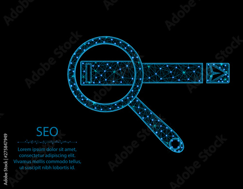 SEO low poly design, magnifying glass in polygonal style, enter text vector illustration on black background