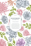 Card design with pastel japanese chrysanthemum, blackberry lily, eucalyptus flower, anemone, iris japonica, sakura