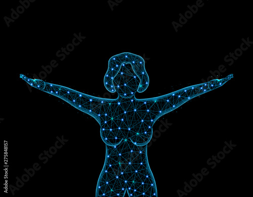 Girl in good physical shape low poly design, happy woman in polygonal style, girl raised her arms up vector illustration on black background