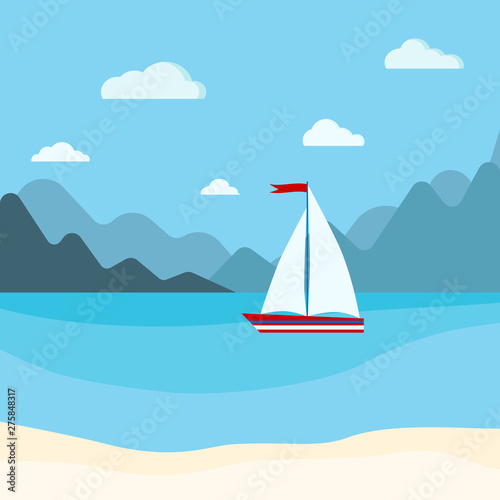 Vector flat cartoon style illustration of blue sea with sailboat, mountains, clouds and sand beach summer background. Beautiful seacoast backdrop