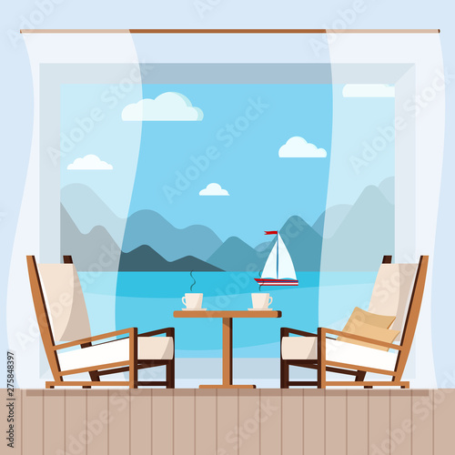Wooden table, cups of tea or coffee, curtain and chairs on the balcony with seascape. Beach cafe chair with sea on background. View of sea from hotel or restaurant. Flat style vector illustration.