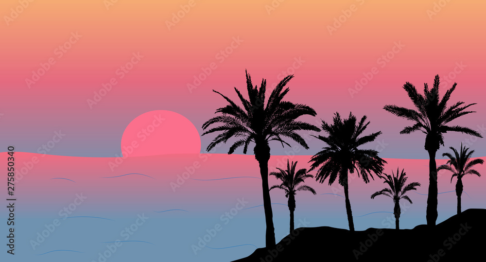 Silhouettes of palm trees near the sea at sunset. Vector illustration
