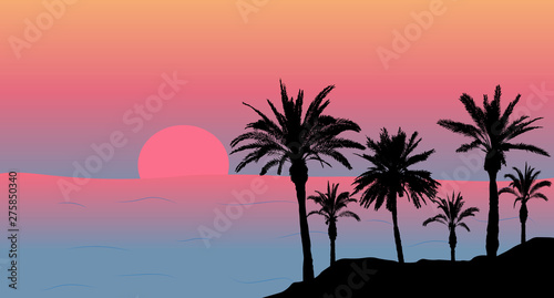 Fototapeta Naklejka Na Ścianę i Meble -  Silhouettes of palm trees near the sea at sunset. Vector illustration