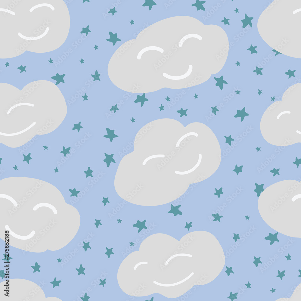 Happy Clouds and stars Seamless pattern