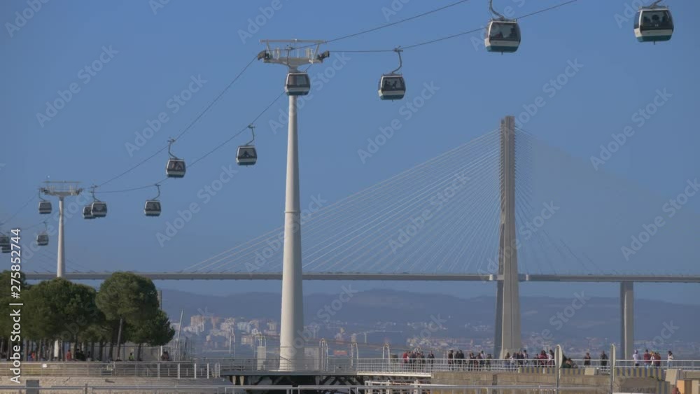 Lisbon view with cable car traffic and Vasco da Gama Bridge, Portugal. Ride in Park of the Nations Lisbon view with cable car traffic and Vasco da Gama Bridge, Portugal. Ride in Park of the Nations