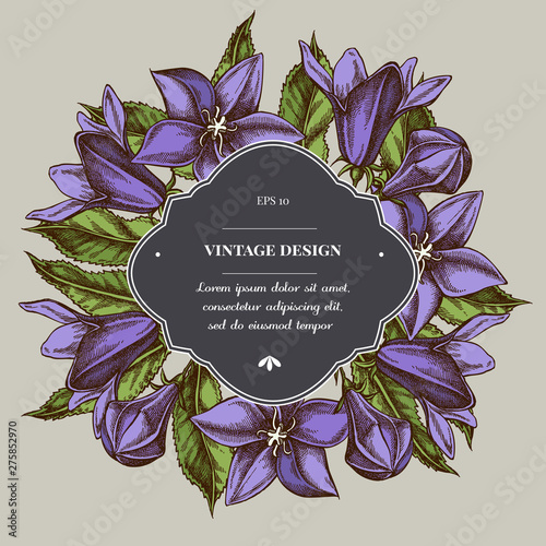 Badge over design with bellflower