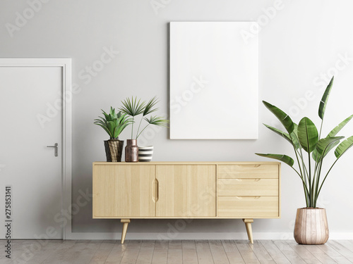 Poster above sideboard in living room with plants, 3d render, 3d illustration photo