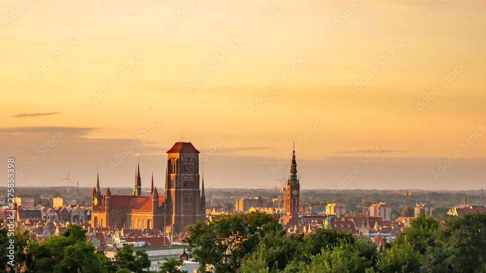 Amazing cityscape of Gdansk, St. Mary's Basilica at the sunrise.