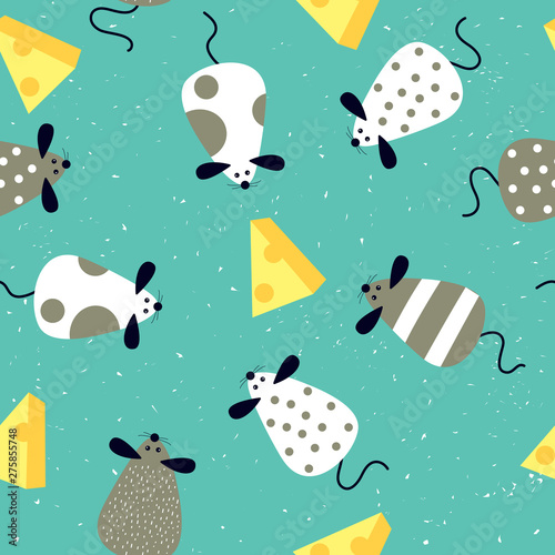 Seamless pattern with cartoon cute rats - Chinese symbol of the new year 2020. Vector illustration can be used for print, holiday packing, postcard, poster.