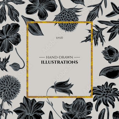 Badge over design with bellflower, edelweiss, globethistle, globeflower, meadow geranium, gentiana