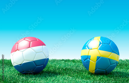 Two soccer balls in flags colors on green grass. Women s soccer. Semi-final. Netherlands and Sweden. 3d image