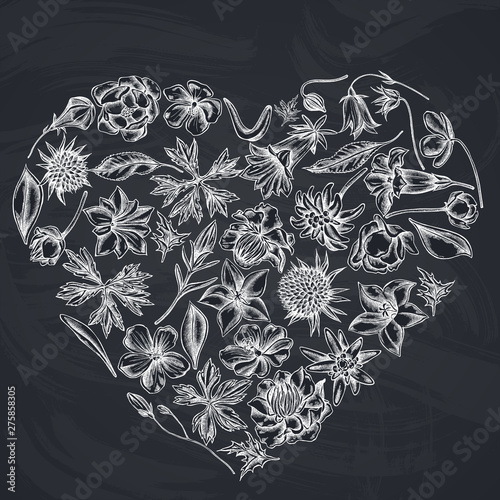 Heart floral design with chalk bellflower, edelweiss, globethistle, globeflower, meadow geranium, gentiana