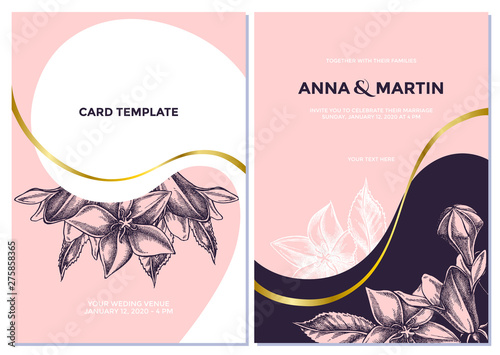 Wedding invitation card with pink bellflower