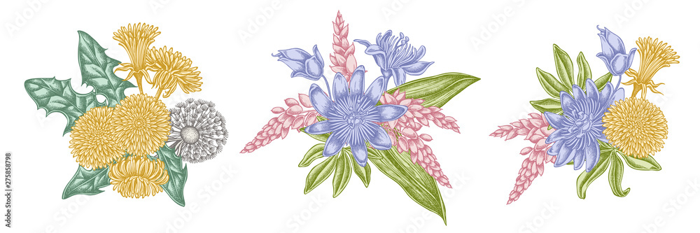 Obraz premium Flower bouquet of pastel dandelion, ginger, passion flower