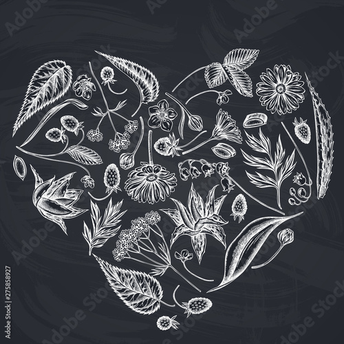 Heart floral design with chalk aloe, calendula, lily of the valley, nettle, strawberry, valerian