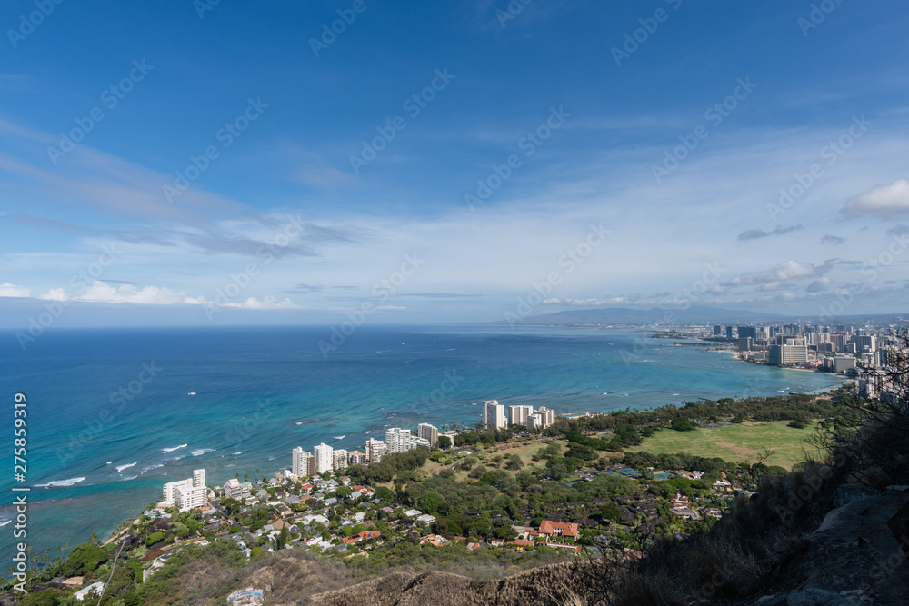 Beautiful panoramic aerial Honolulu and Waikiki beach vista, Oahu, Hawaii