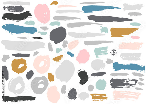 Set of colorful hand drawn grunge elements, geometrical shapes, rings, circles, banners, brush strokes isolated on white. Vector illustration.