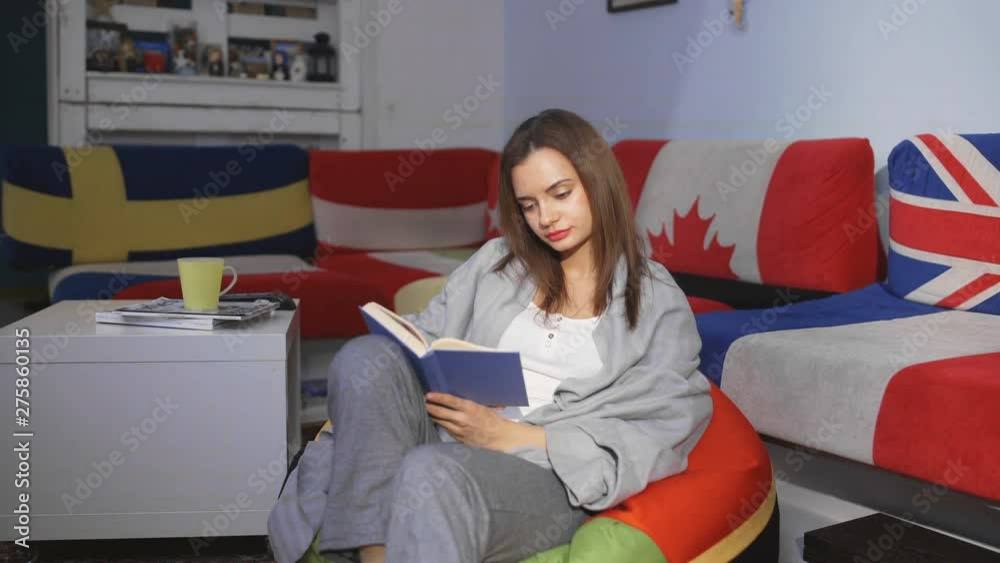 Beautiful woman reading a book on the floor near sofa with cushions with country flags