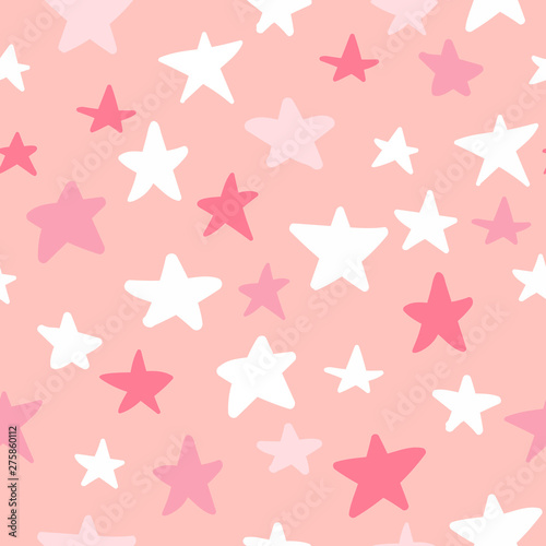 Seamless pattern with hand drawn stars on pink background. Sky background. Vector illustration.