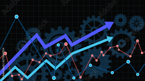 Abstract financial chart with arrows and gears. Vector illustration.