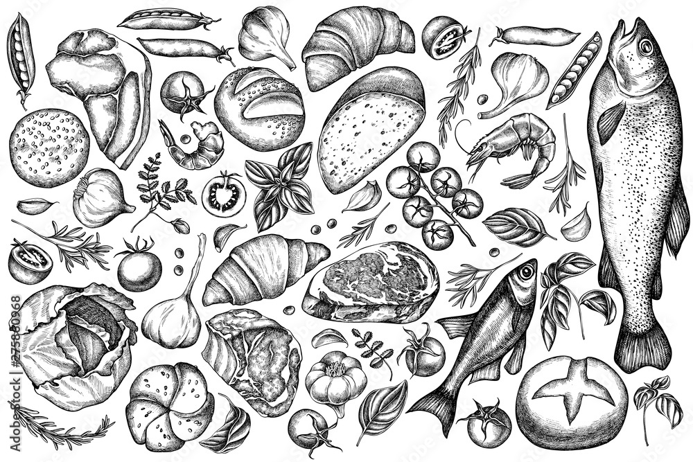 Vector set of hand drawn black and white garlic, cherry tomatoes, peas, fish, shrimp, cabbage, beef, buns and bread, croissants and bread, basil, rosemary