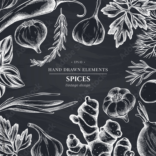 Floral design with chalk onion, garlic, pepper, greenery, ginger, basil, rosemary