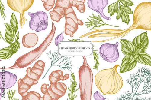 Floral design with pastel onion, garlic, pepper, greenery, ginger, basil, rosemary
